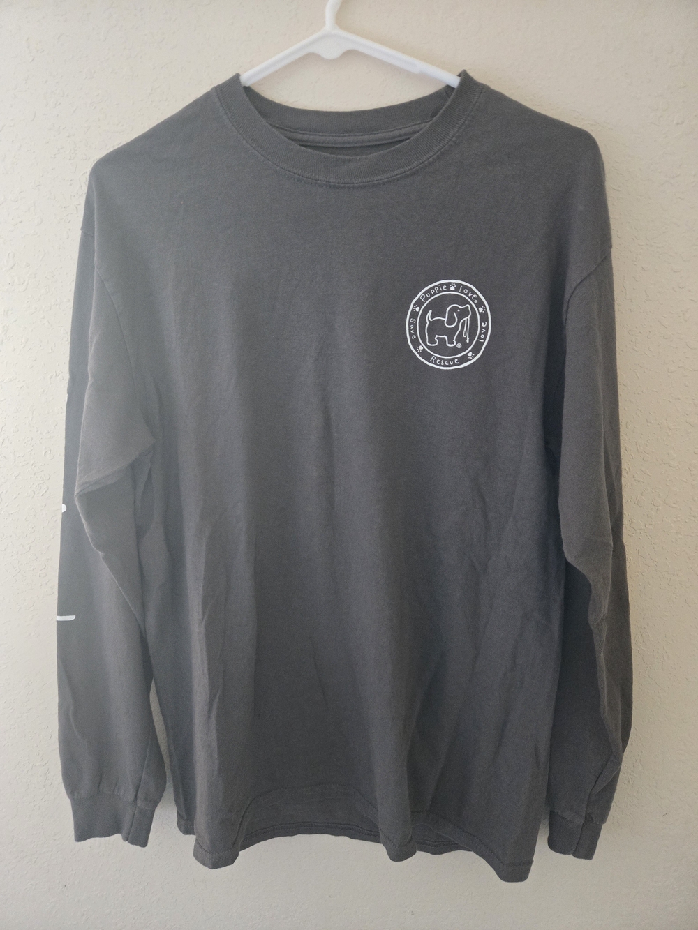 Women's Long Sleeve Crewneck Shirt Charcoal with White Logo Puppie Love Hallween
